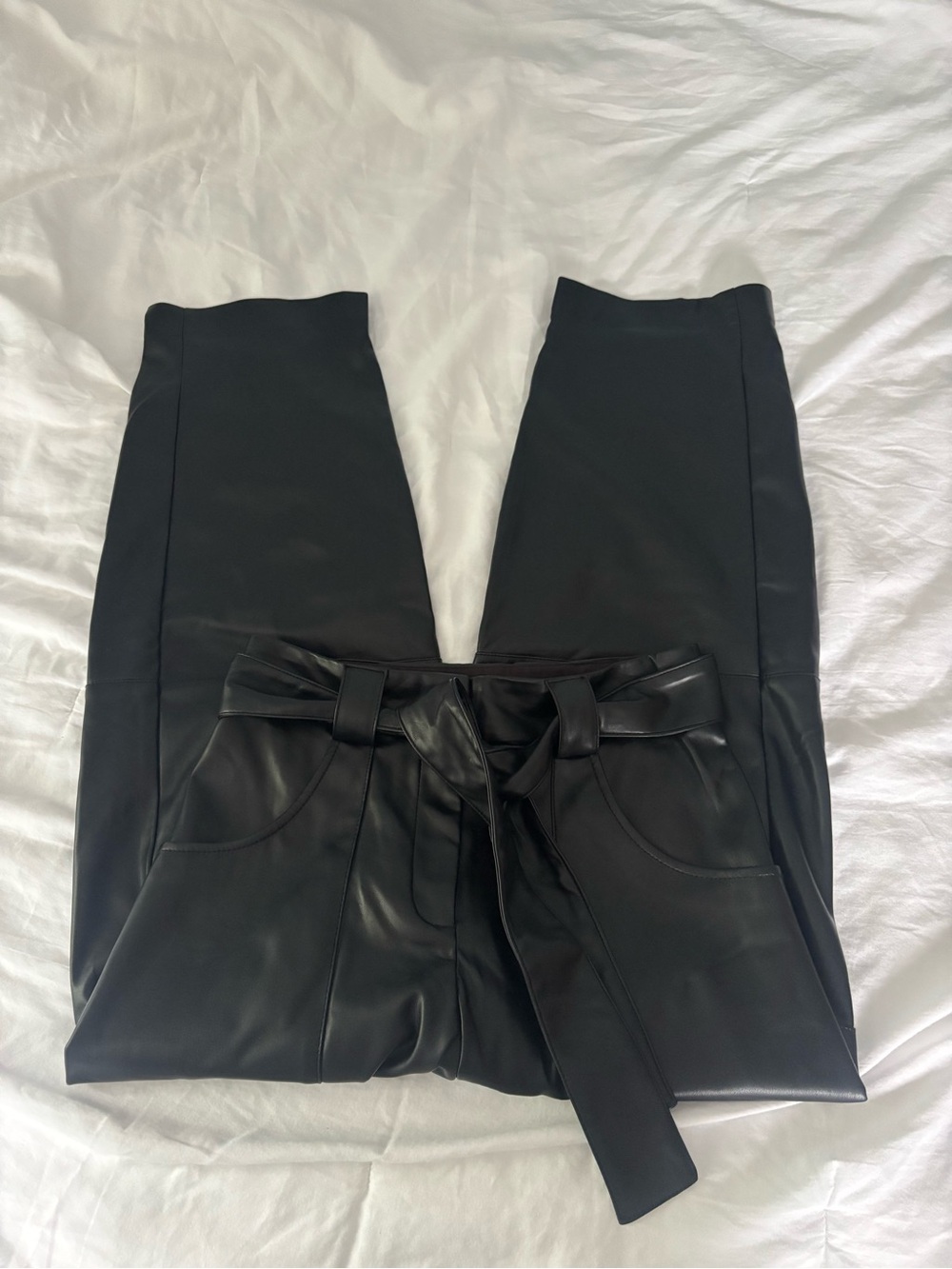 Express Black Faux Leather Tie-Waist Wide Leg Pants
